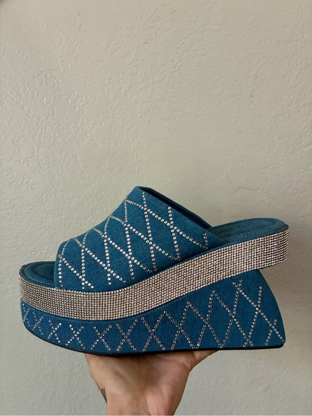 Cape Robbin Denim Crystal-Embellished Platform Slide